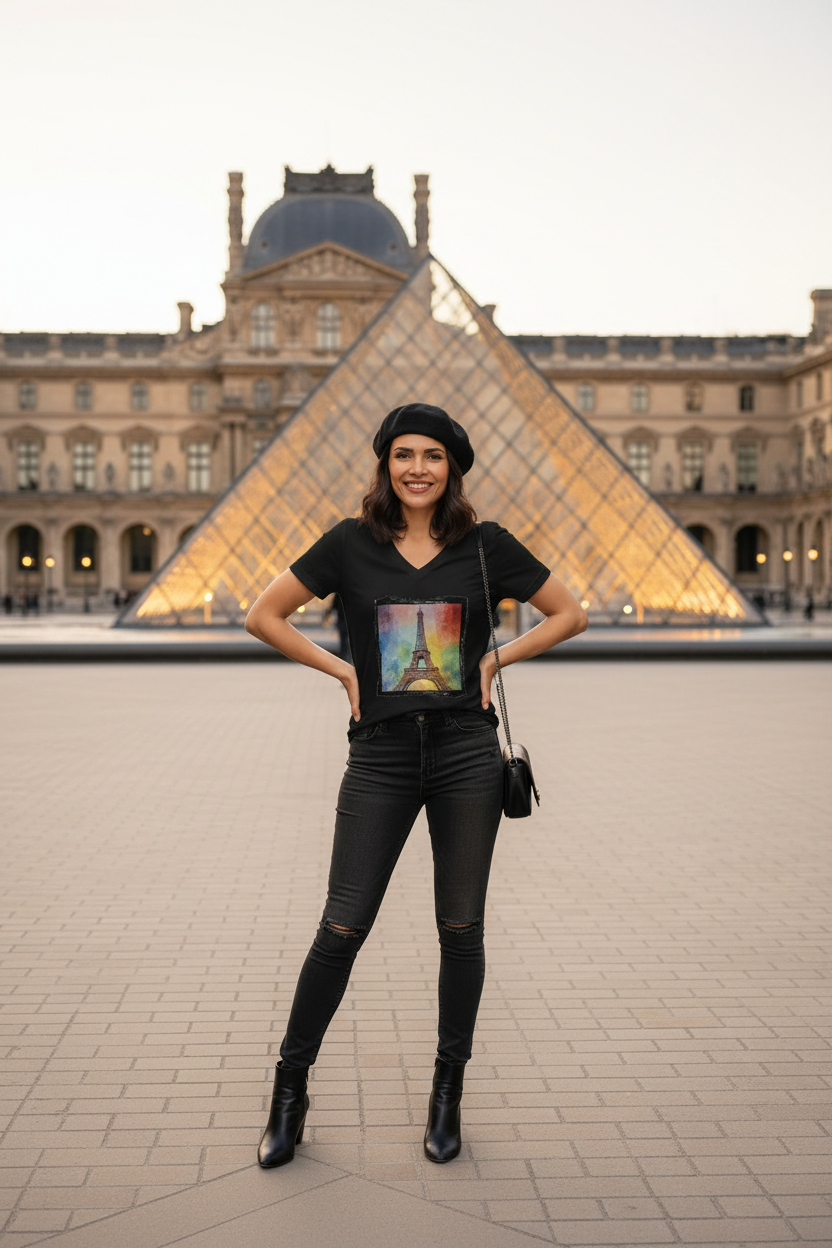 Paris en Couleur T-Shirt noir - Louvre pyramide