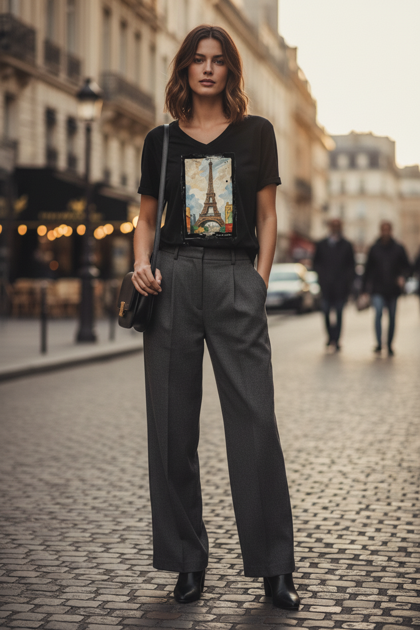 Paris en Couleur Col V Noir – Rue parisienne
