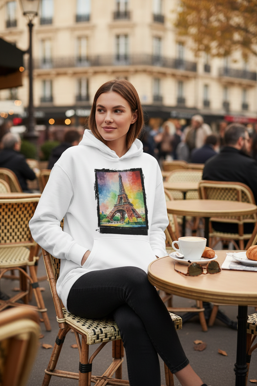 Hoodie Tour Eiffel blanc - terrasse café parisien