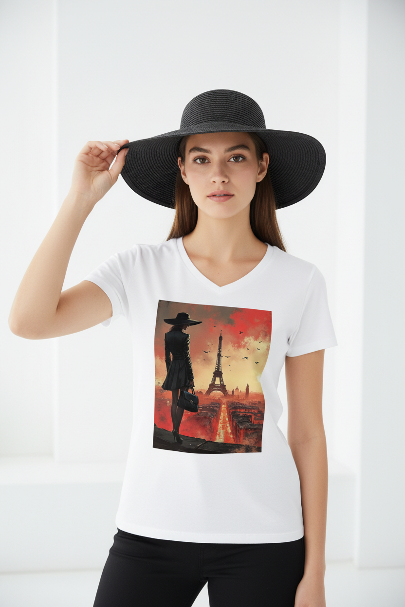 Mannequin femme pose frontale main sur chapeau - t-shirt blanc col V Paris