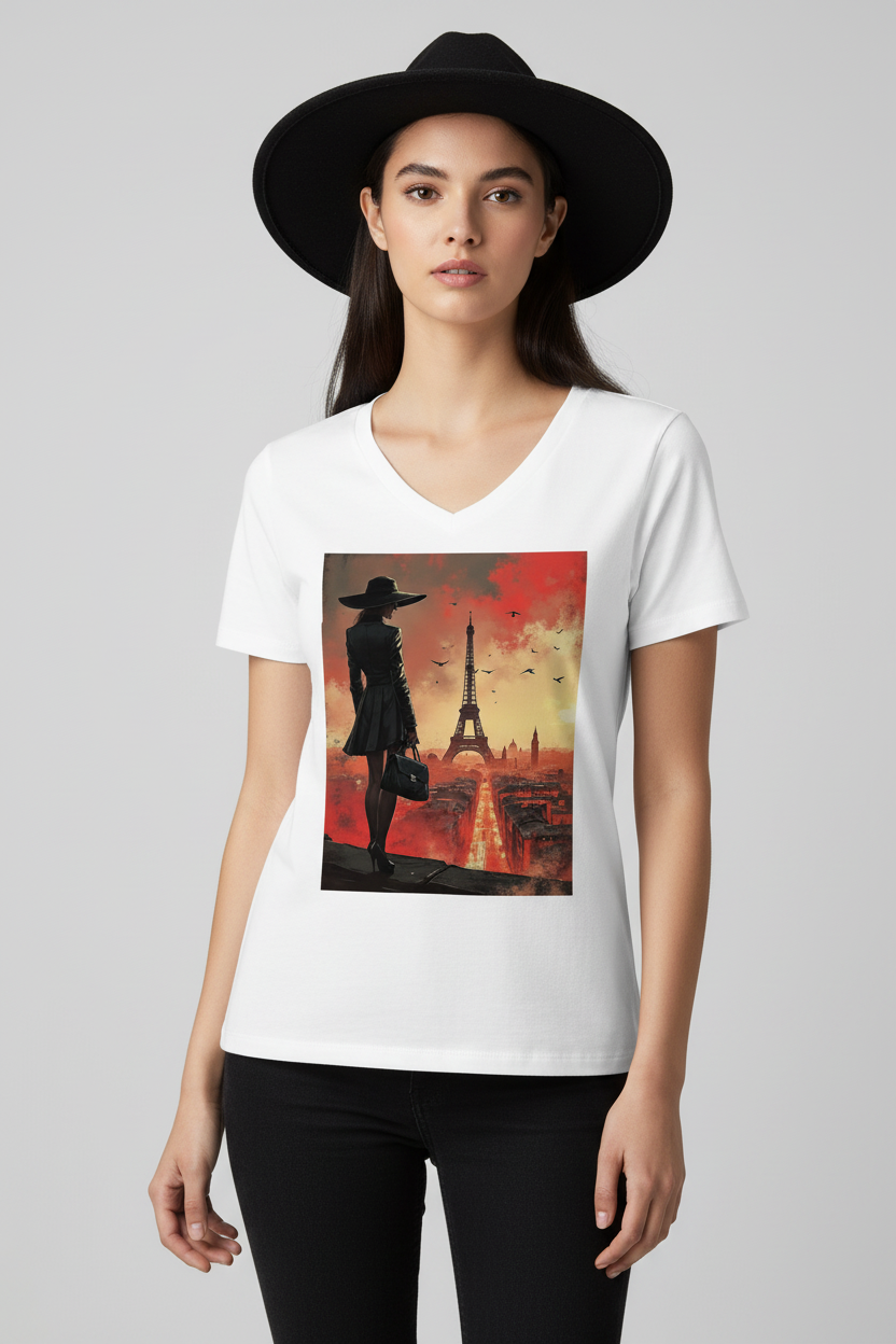 Mannequin femme pose frontale bras le long du corps - t-shirt blanc col V Paris