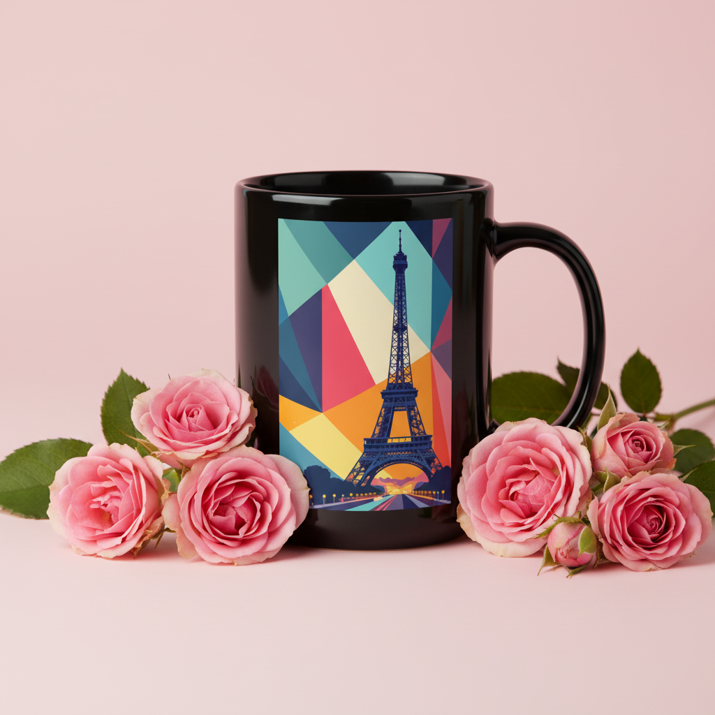 Mug Noir Géométrique – Fond rose
