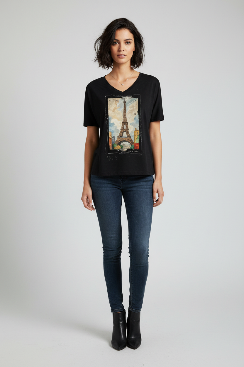 Paris en Couleur Col V Noir – Fond gris